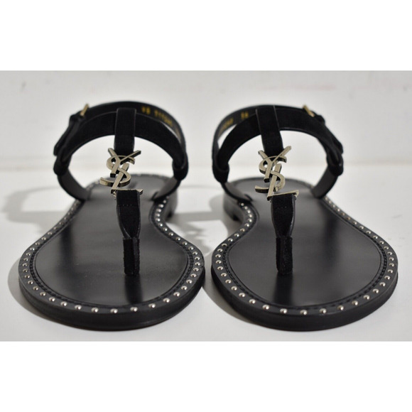 Saint Laurent YSL Logo Iota 05 Black Suede Studded Thong Slide Flat Sandal 36 - Picture 6 of 12
